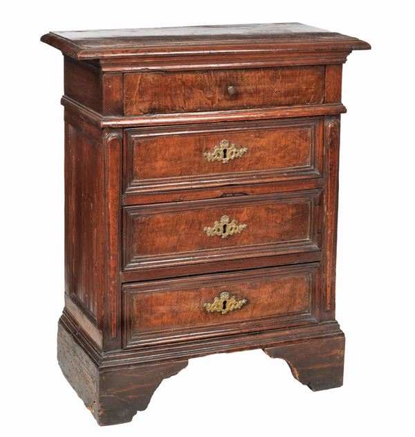 Antique Louis XV Roman bedside table in walnut with four drawers and vents in gilded and chiseled bronze