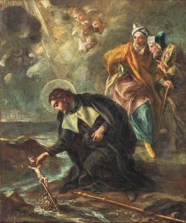 Filippo Falciatore (attivo a Napoli alla Met&#224; del XVIII Secolo) - Signed. 'The crab brings back to San Francesco Xavier the crucifix that fell into the sea' valuable oil painting on canvas by the Neapolitan master