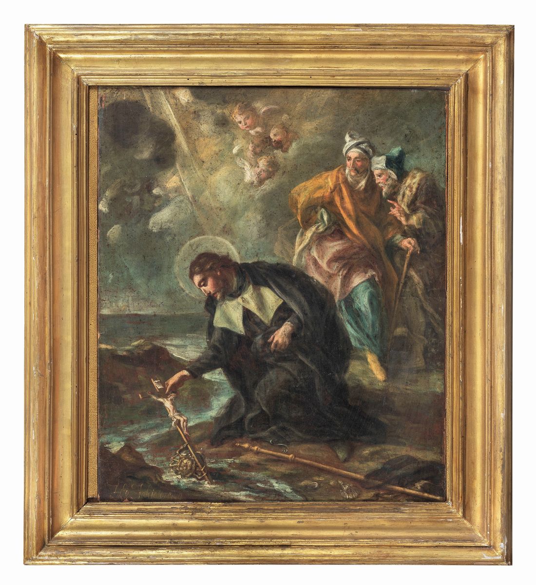 Firmato. 'Il granchio riporta a San Francesco Saverio il crocifisso caduto in mare' pregevole dip...