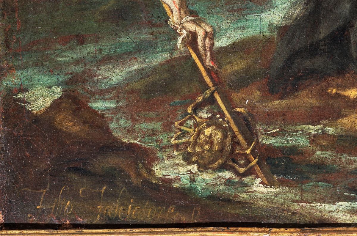 Firmato. 'Il granchio riporta a San Francesco Saverio il crocifisso caduto in mare' pregevole dip...