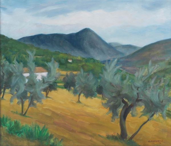 Gustavo Francalancia - Signed and dated 1971. "View of the Monte di Pale in Foligno" oil painting on canvas