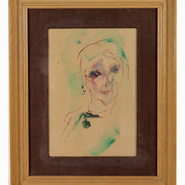 Ernesto Treccani - Signed. "Woman's face" mixed technique drawing on paper