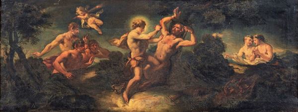 Pittore Bolognese Fine XVII - Inizio XVIII Secolo - "The wrath of Apollo against Pan" small oil painting on canvas