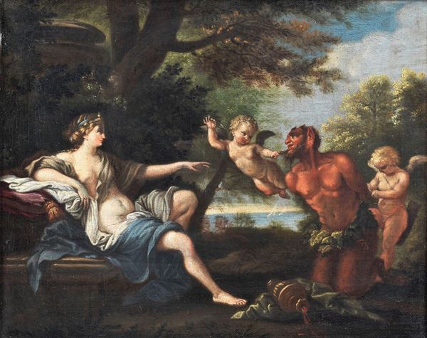 Filippo Lauri - Seguace di. "Venere e il Fauno con amorini" piccolo dipinto ad olio su tela di ottima esecuzione pittorica