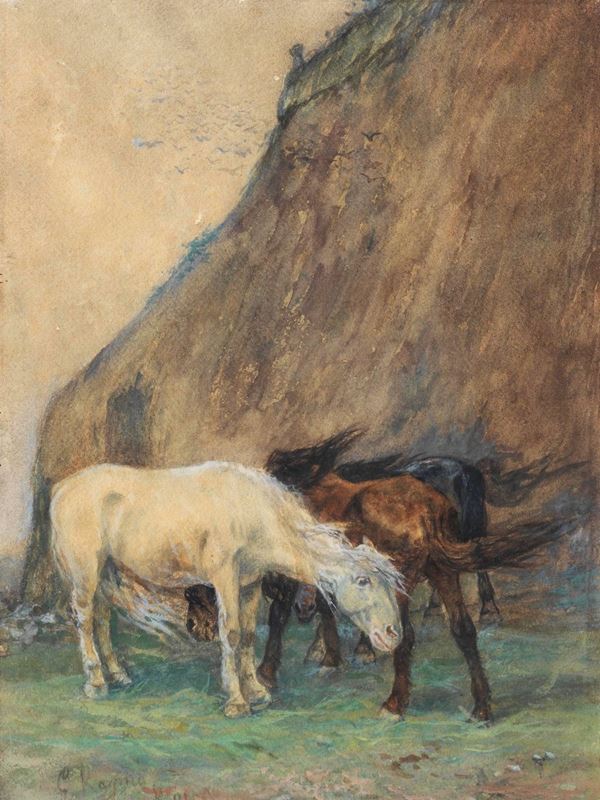 Giuseppe Raggio - Signed and registered in Rome. Pastel and watercolor "Horses in the pasture" on paper