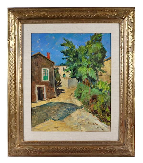 Giuseppe Malagodi - Signed and dated 1957. "Glimpse of a village alley" painted in oil on masonite