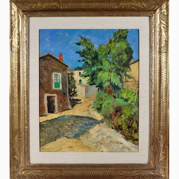 Giuseppe Malagodi - Signed and dated 1957. "Glimpse of a village alley" painted in oil on masonite
