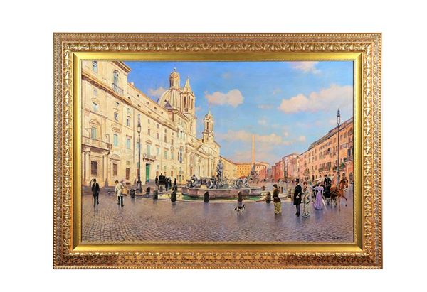 Giuseppe De Winter (1900) - Firmato. "Veduta di Piazza Navona con numerosi personaggi" luminoso e brillante dipinto ad olio su tela