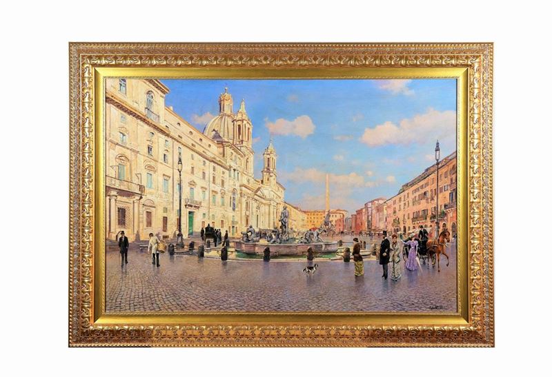 Firmato. "Veduta di Piazza Navona con numerosi personaggi" luminoso e brillante dipinto ad olio s...