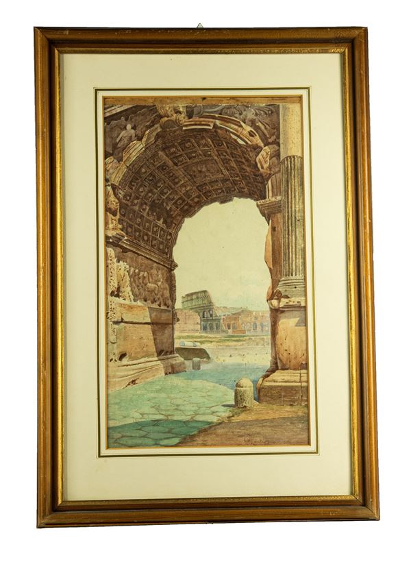 Pittore Romano XIX Secolo - &quot;View of the Colosseum from the Arch of Titus&quot;. Signed and registered in Rome.