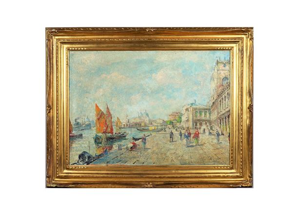 Francesco Cangiullo - Firmato. "Veduta di Venezia con personaggi" luminoso dipinto ad olio su tela
