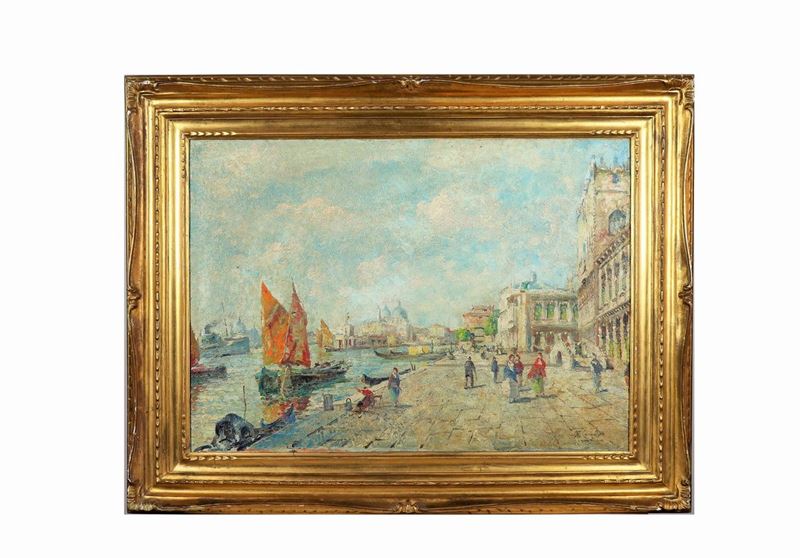 Firmato. "Veduta di Venezia con personaggi" luminoso dipinto ad olio su tela