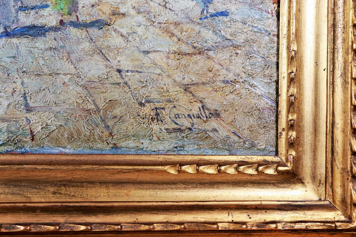 Firmato. "Veduta di Venezia con personaggi" luminoso dipinto ad olio su tela