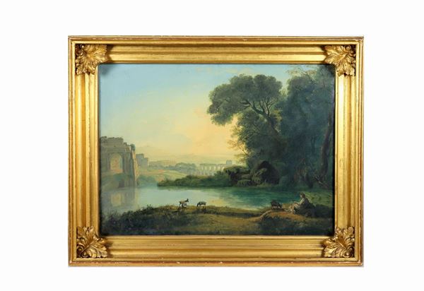 Pittore Romano Fine XVIII - Inizio XIX Secolo - Signed. "Landscape with ancient ruins, aqueduct, stream and shepherd with goats" tempera and gouache on paper