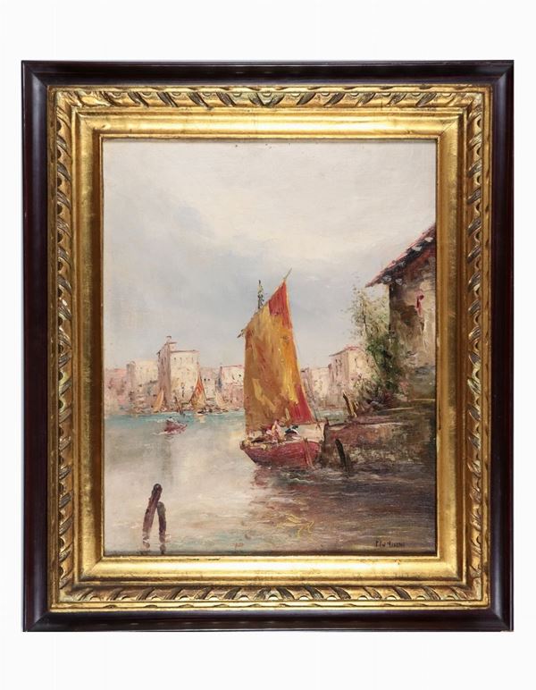 Ugo Flumiani - Signed. "Glimpse of Chioggia with fishermen's boats" painted in oil on plywood