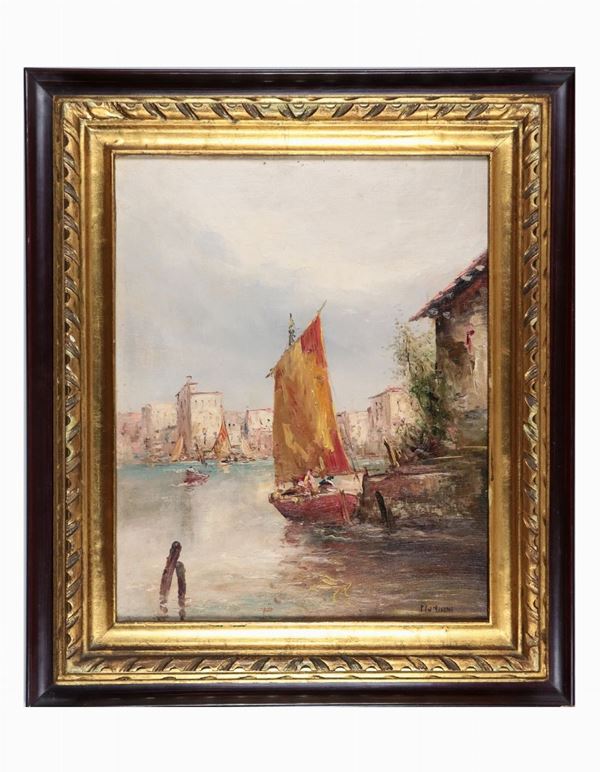 Ugo Flumiani - Firmato. "Scorcio di Chioggia con barche di pescatori" dipinto ad olio su compensato