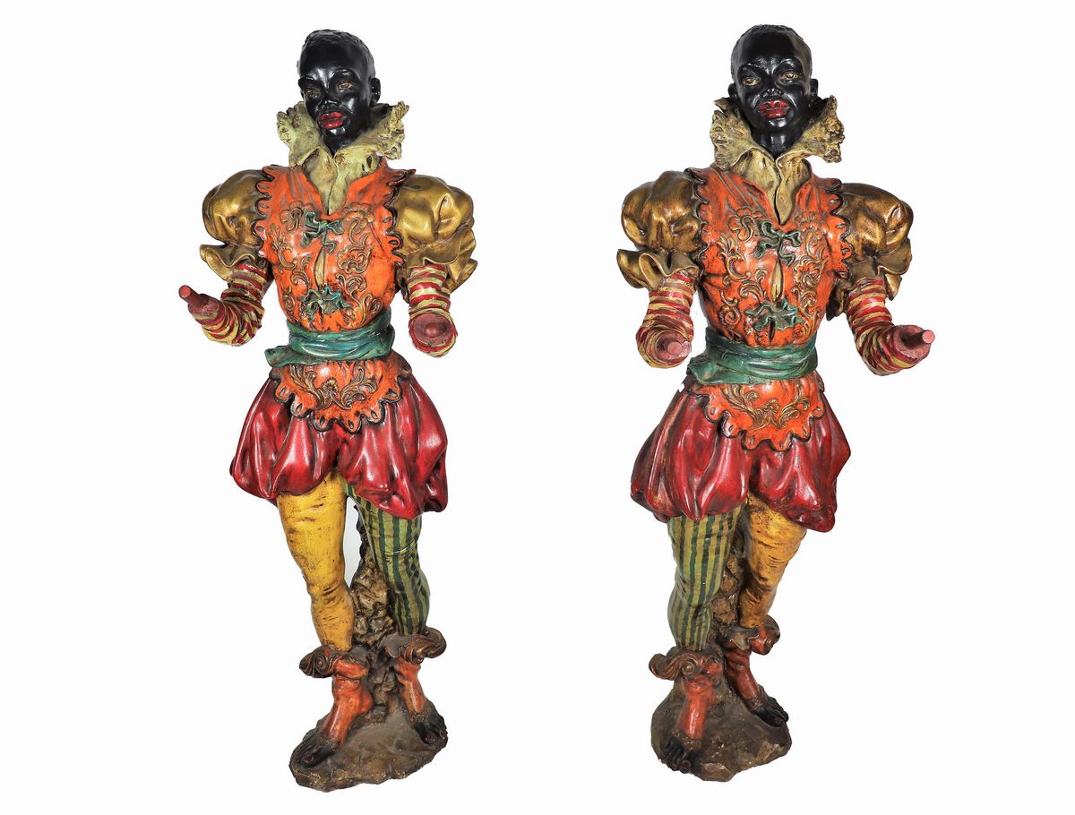 "Moretti Veneziani" coppia di sculture in terracotta smaltata, patinata e policromata