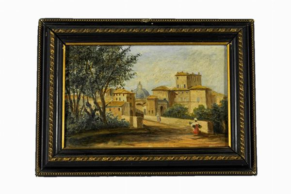 Pittore Romano Fine XIX Secolo - &quot;View of Ariccia with peasant woman&quot;