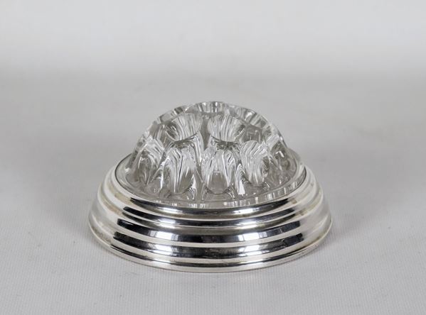 Round crystal flower holder with chiseled silver base