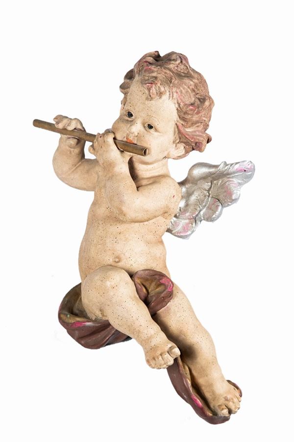 Scultura policroma &quot;Putto suonatore&quot;