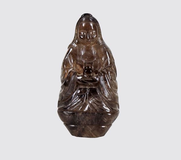 Small Chinese sculpture in hard amethyst stone "Deity with vase"