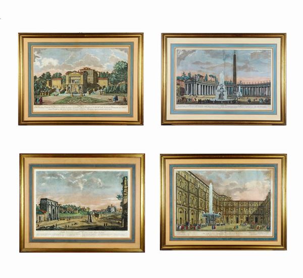 Four ancient watercolor engravings outlined by Francesco Panini (1745 - 1812) and engraved by Domenico Montagni (XVII - XVIII century) "Views of St. Peter's Square, Arch of Titus, Arch of Constantine and interiors of gardens and Vatican palaces"