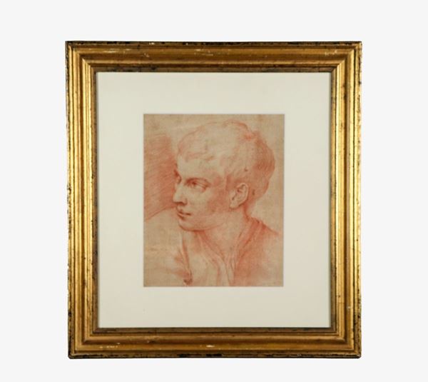 Scuola Emiliana XVII Secolo - "Head of a young boy" drawing on blood paper