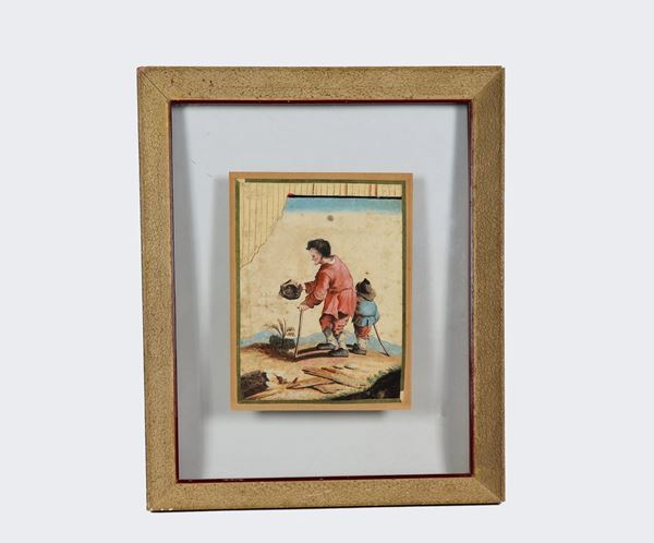 Scuola Bolognese XIX Secolo - Trompe l'oeil a tempera su carta "Il mendicante con il figlioletto"