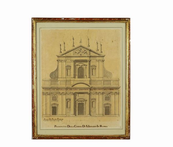 Scuola Romana XVIII Secolo - "Prospetto della Chiesa di Sant'Ignazio in Roma" disegno su carta a penna ed acquarello