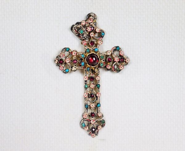 Ancient cross in gilded silver with applications of semiprecious stones