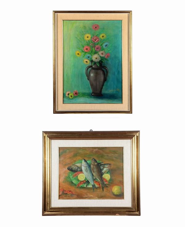 Carmelo Marotta - Firmati. "Vaso con mazzo di fiori" e "Natura morta di pesci e crostacei", lotto di due dipinti ad olio su tela