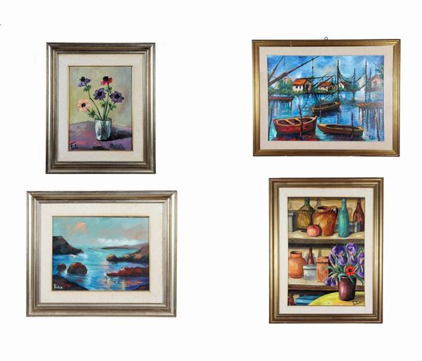 Alba Feula Peri - Signed. "Vase with anemones", "Marina with rocks", "Still life of pottery" and "View of the lake of Massaciuccioli", lot of four oil paintings on canvas