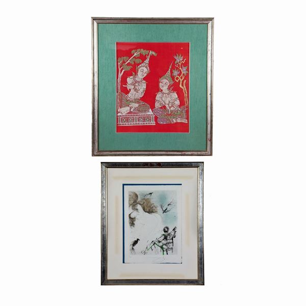 Oriental fabric "Thai dancers" and etching on paper "Imaginative subject". Tir. 6/50.