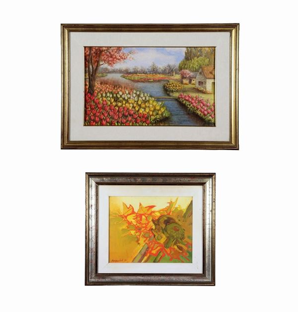 Cesco Magnolato - Signed. "Meadows of blooming tulips" and "Group of abstract dogs", lot of a watercolor on paper and an oil painting on canvas