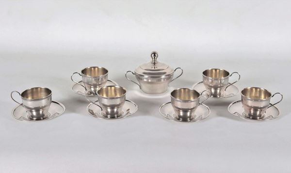 Silver lot of a sugar bowl and six cups with saucers, inside in vermeil, gr. 430