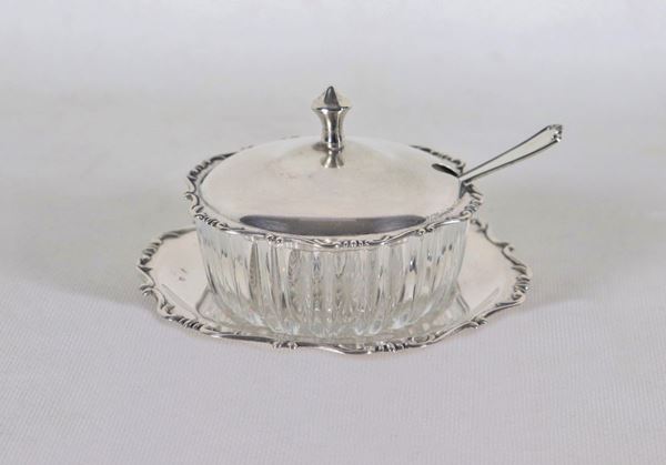 Silver cheese bowl with plate, teaspoon and crystal tray, 110 gr