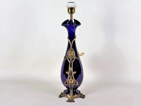 French Liberty lamp in cobalt blue porcelain with gilt bronze applications
