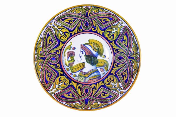 Parade plate in Gualdo Tadino glazed majolica with various polychrome colors, in the center "Costanza"