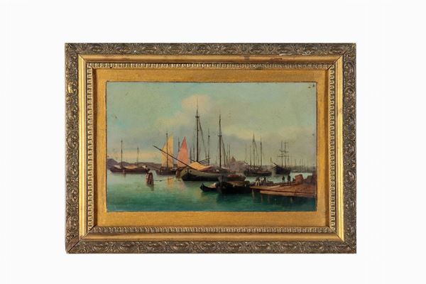 Gabardi A. (XIX Secolo) - Signed. "View of the port with boats and fishermen", small oil painting on a tablet