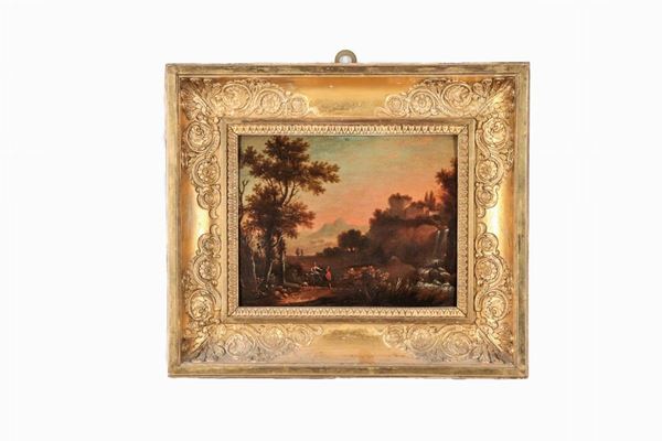 Scuola Fiamminga Inizio XIX Secolo - 'Lazio landscape with wayfarers, village and waterfall', small oil painting on wood of excellent pictorial execution