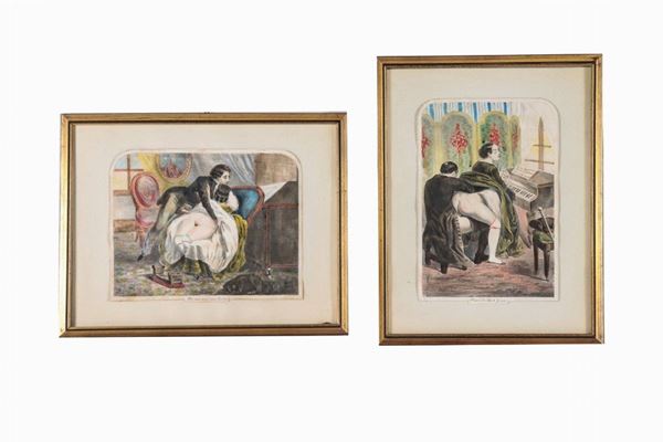 Lot of two French outlines in color "Erotic subjects"