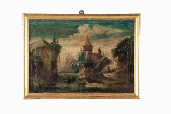 Pittore Francese XIX Secolo - "Paesaggio con castello e pastore con armenti", dipinto ad olio su tela