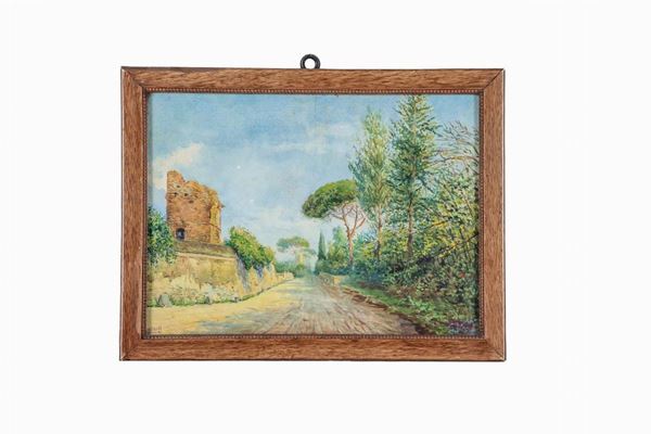 Ciceroni A. (Pittore Italiano Inizio XX Secolo) - Signed and dated 1913. "View of the Appian Way with the Tomb of Cecilia Metella", small watercolor on paper applied to cardboard