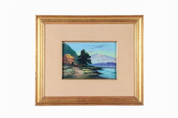 Scuola Austriaca Inizio XX Secolo - "Paesaggio alpino con lago", piccolo dipinto ad olio
