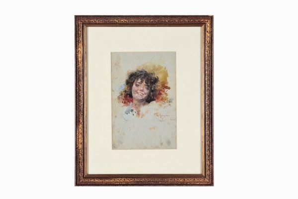 Francesco De Gregorio - Signed and dated Naples - April 1894. "Face of a young girl", small watercolor on paper