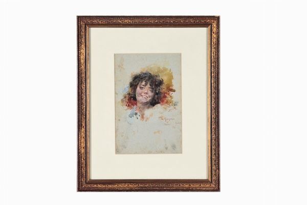 Francesco De Gregorio - Firmato e datato Napoli - Aprile 1894. "Volto di giovane ragazza", piccolo acquarello su carta