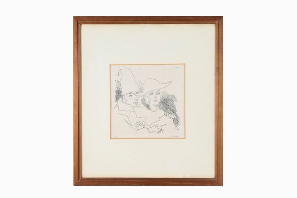 "Le Maschere", a small lithograph signed by Mino Maccari