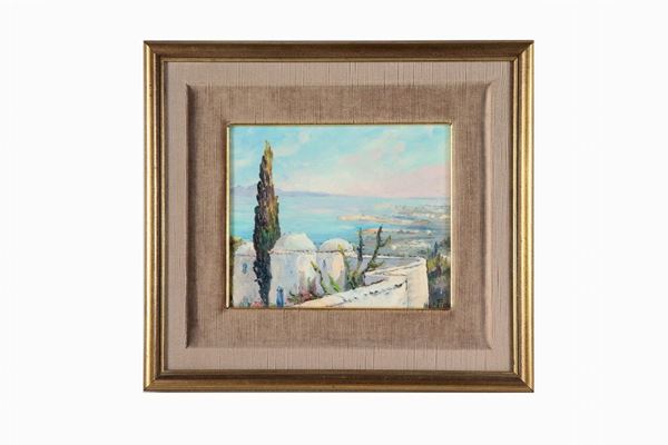 Pittore Europeo Inizio XX Secolo - Firmato. "Veduta di costa", piccolo dipinto ad olio su masonite