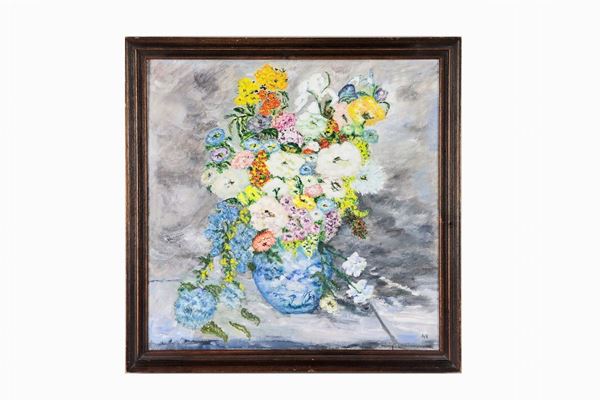 Pittore Europeo XX Secolo - Firmato. "Vaso con mazzo di fiori", dipinto ad olio su cartone