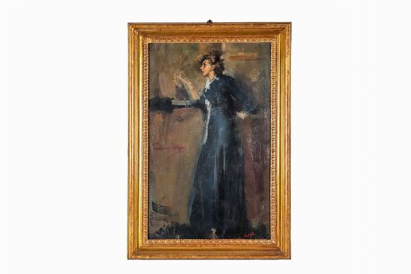 Pittore Francese Epoca Liberty - Signed. "Young pensive woman", oil painting on pressed cardboard